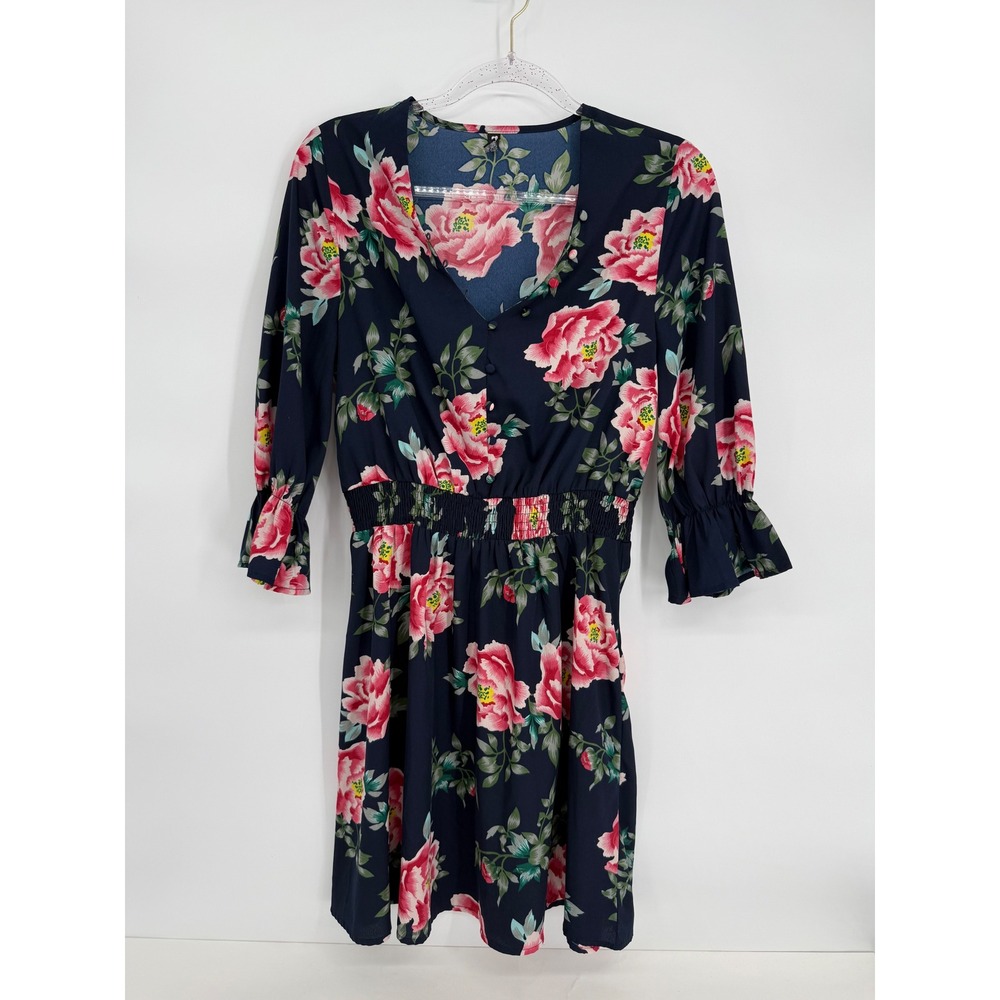 Influence Navy Blue Floral V-Neck Smocked Waist Ruffle Cuff Dress Sz 10